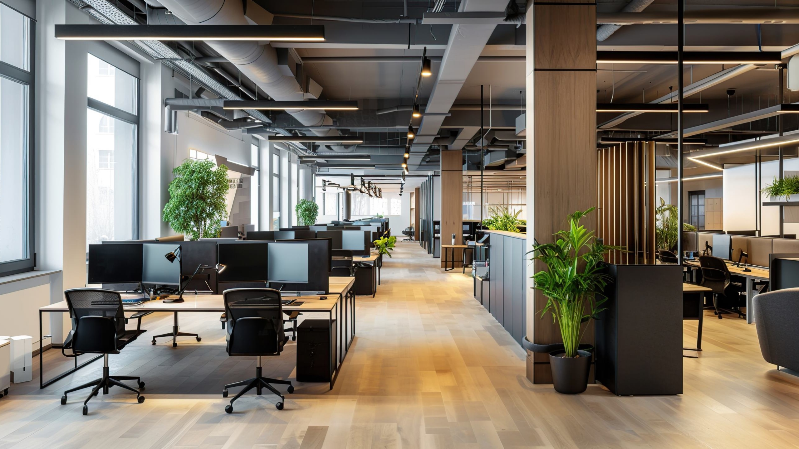 SWD Gebäudereinigung München bei der professionellen Büroreinigung – Mitarbeiter reinigt einen hellen, modernen Büroraum mit gepflegten Arbeitsplätzen, sauberem Boden und hygienischen Oberflächen.
